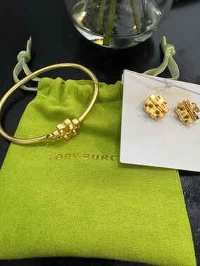 Tory Burch Gold Logo Bangle with Lime Green Pouch
